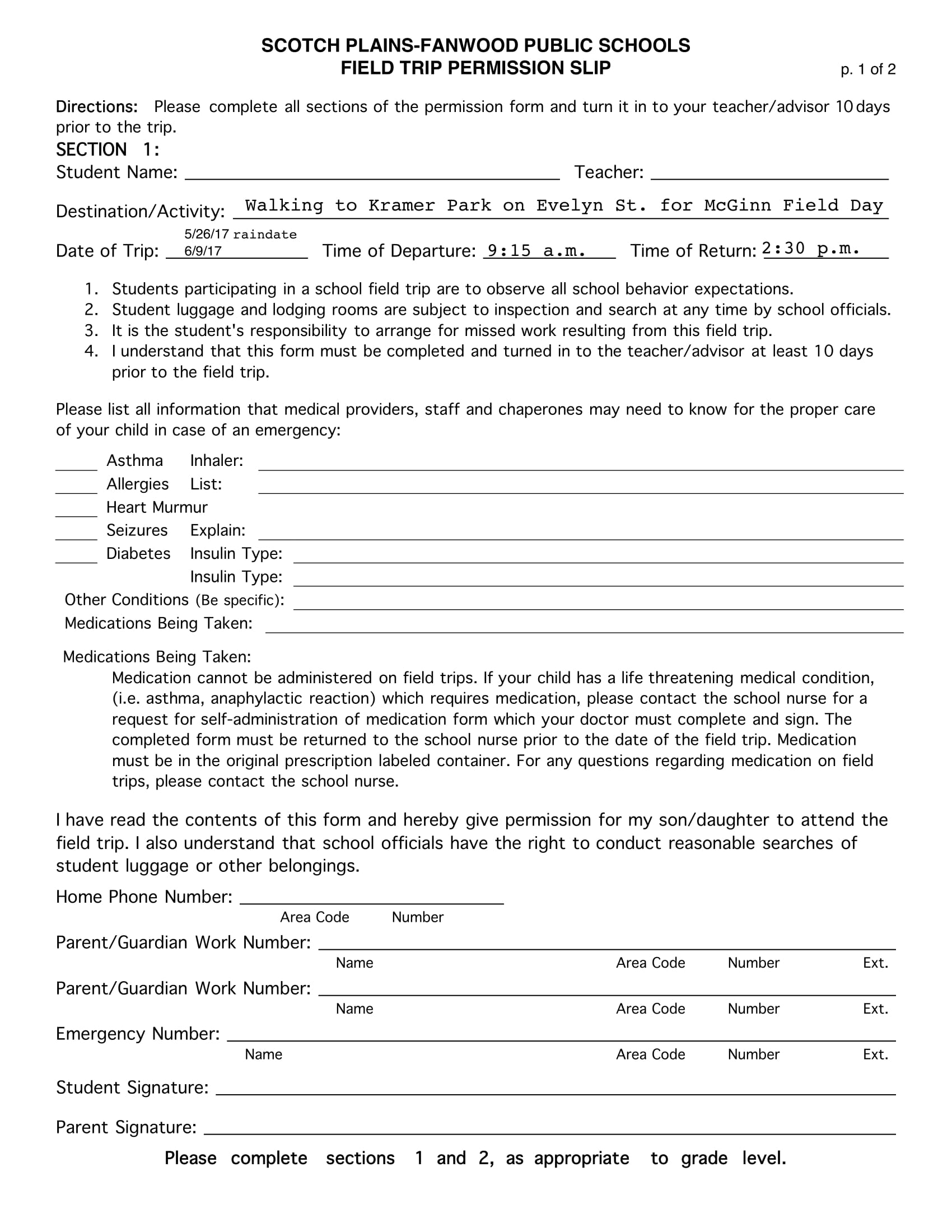Permission Slip Template High School