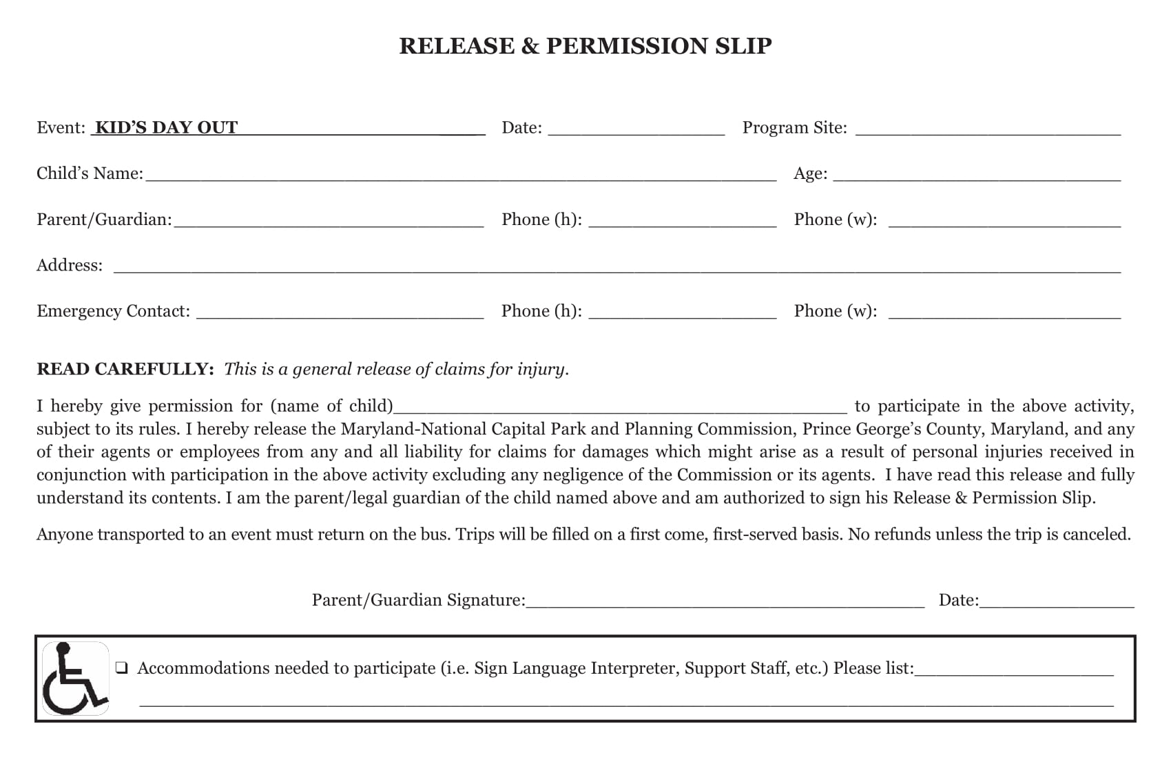 Generic High School Permission Slip Template