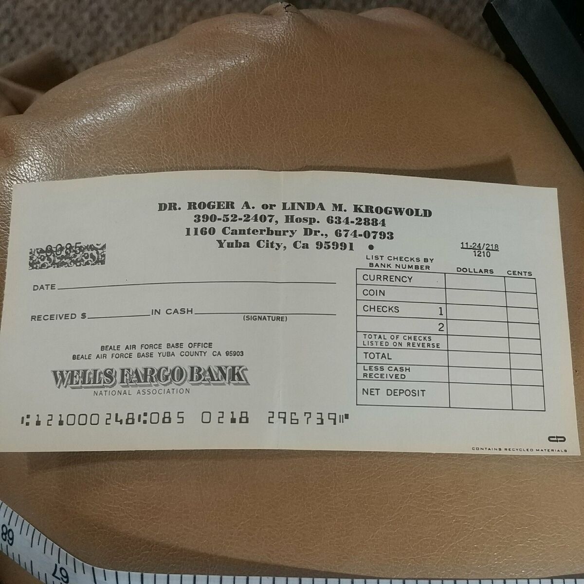 1970 s Wells Fargo Bank Deposit Ticket Beale Air Force Base Yuba City CA Unused EBay