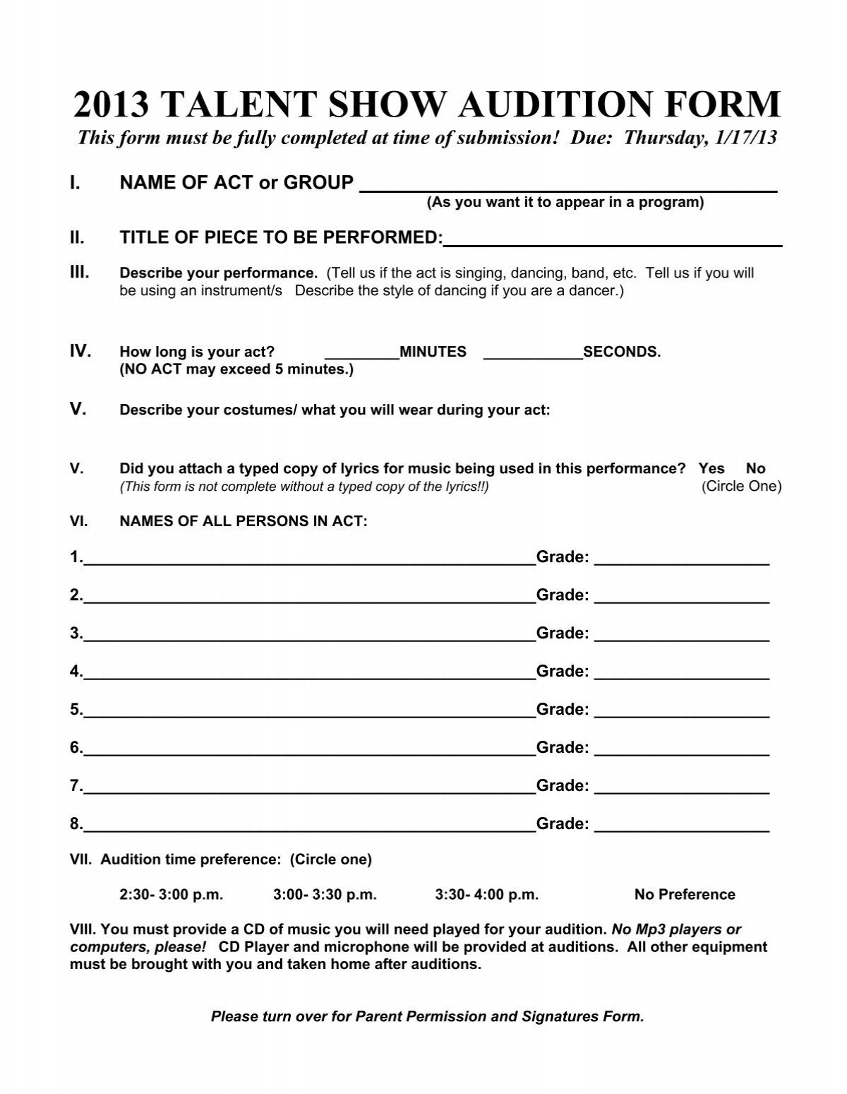 2013 Talent Show Audition Form Stillwater Area Schools