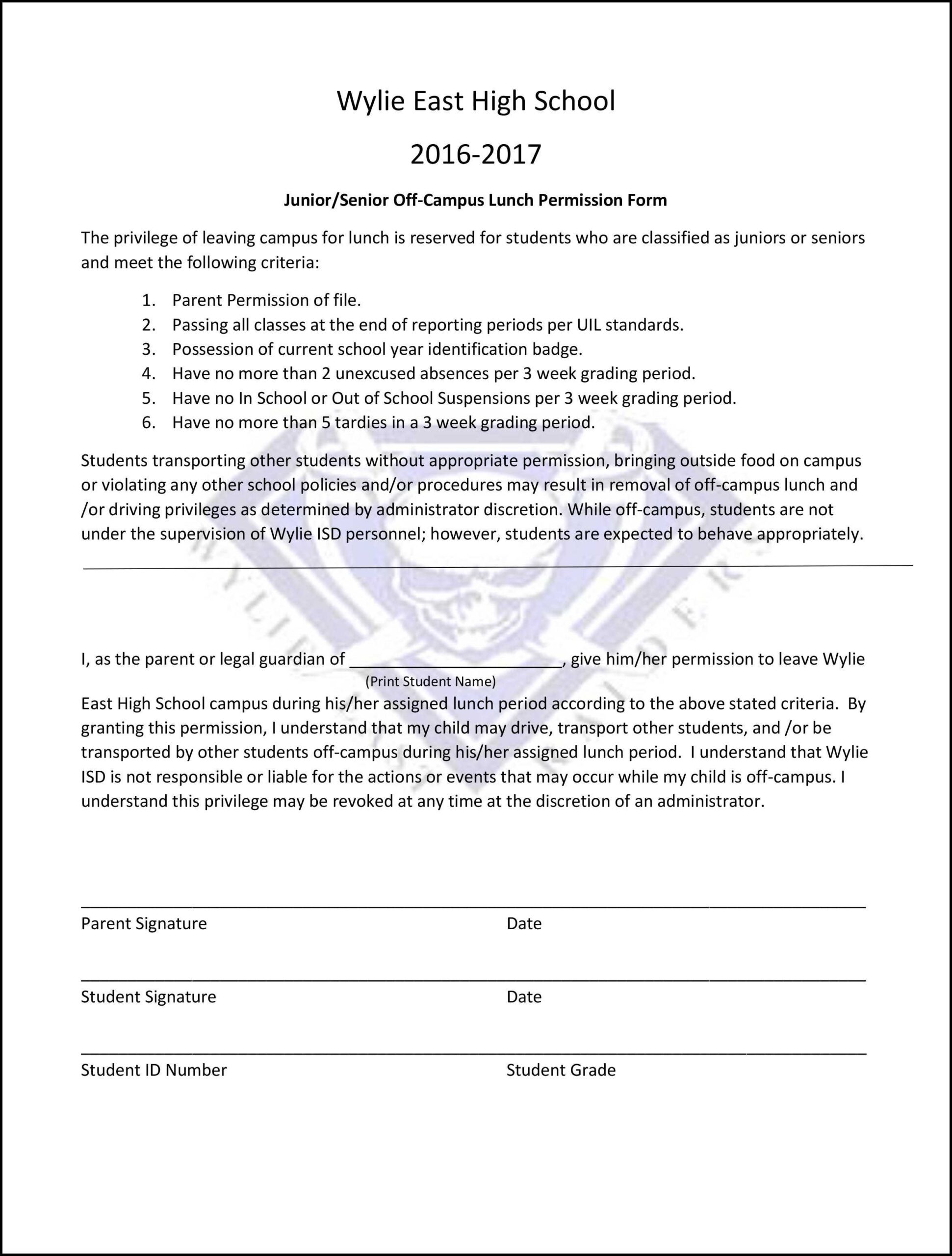 2016 2017 Junior Senior Off campus Lunch Permission Form Released 
