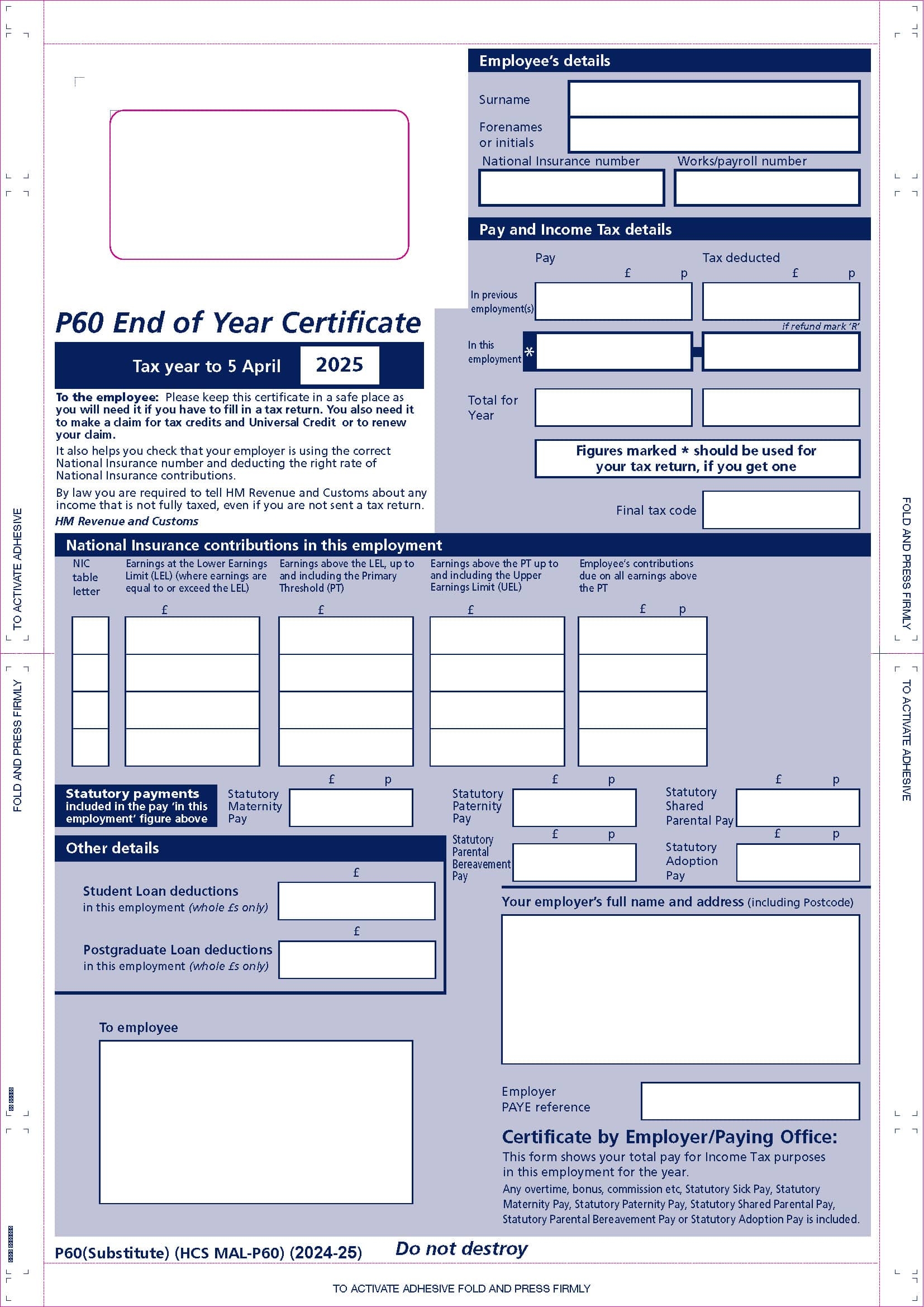 2025 P60 Year End Form MALP60 PEGASUS SELF SEAL P60 