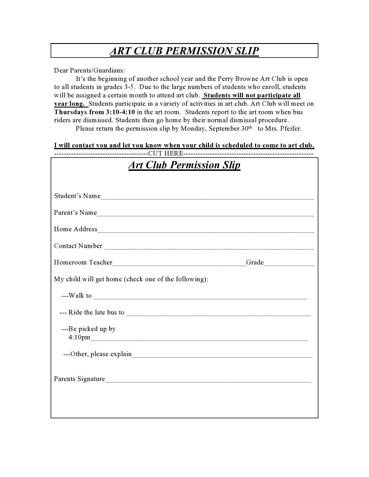 Art Club Permission Slip Template