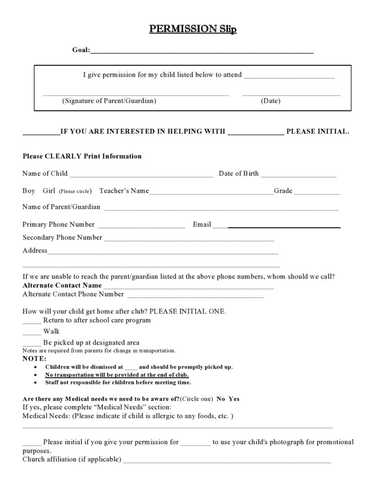 30 Permission Slip Templates Field Trip Scouts Generic 