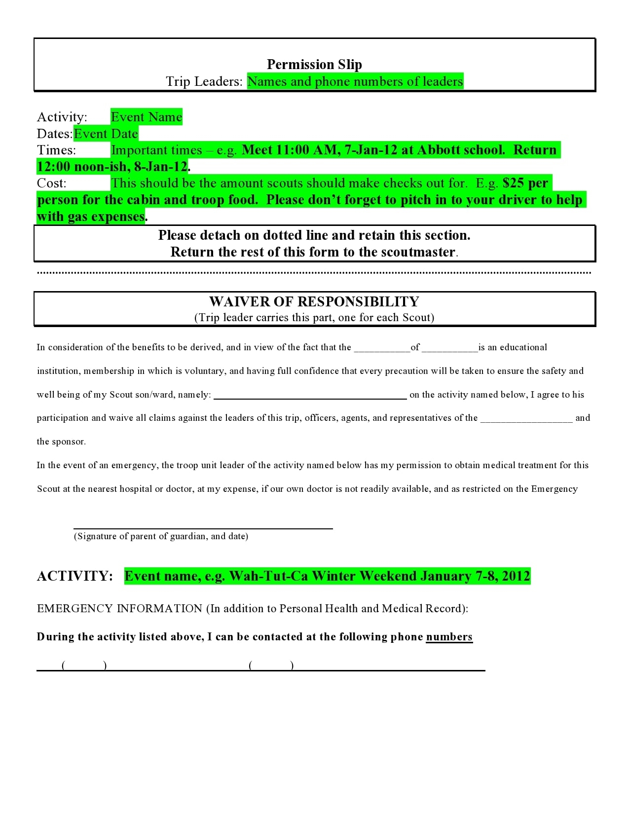30 Permission Slip Templates Field Trip Scouts Generic 