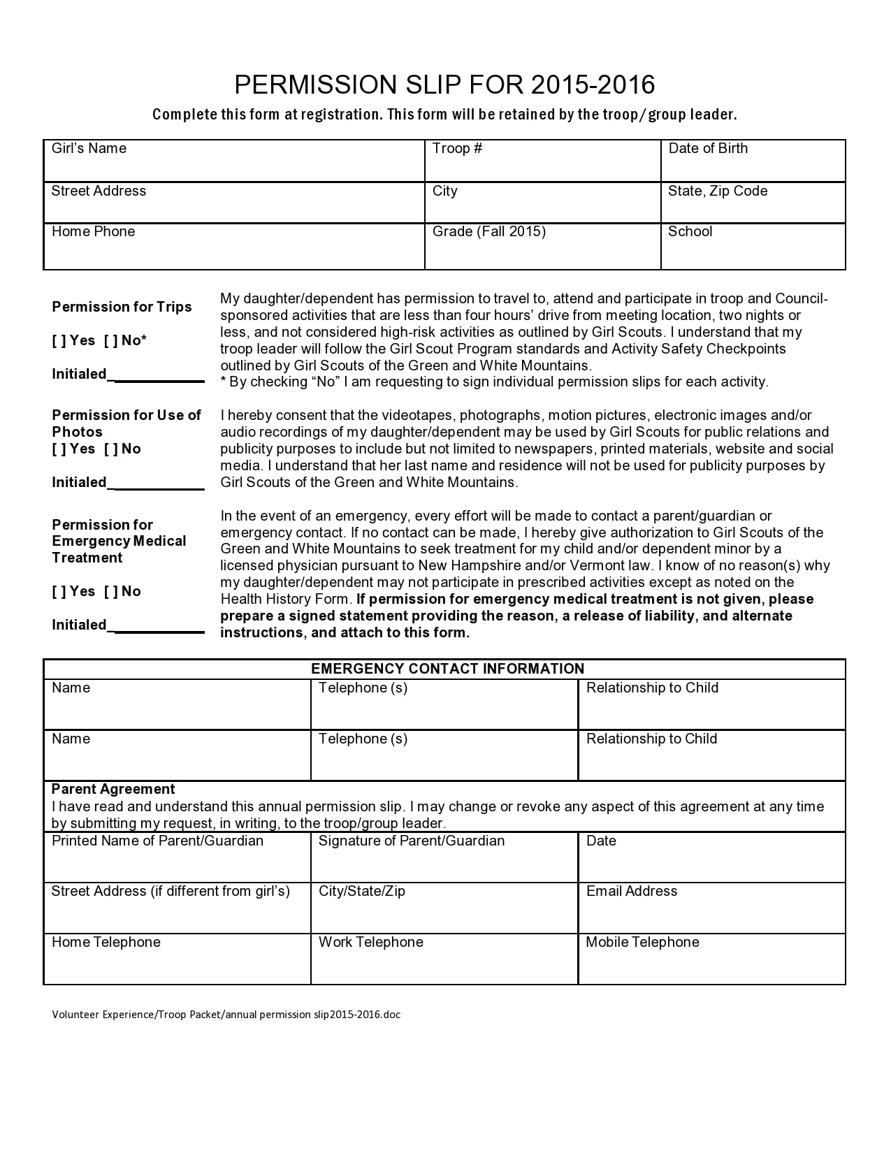 Permission Slip Template For Girl Scouts