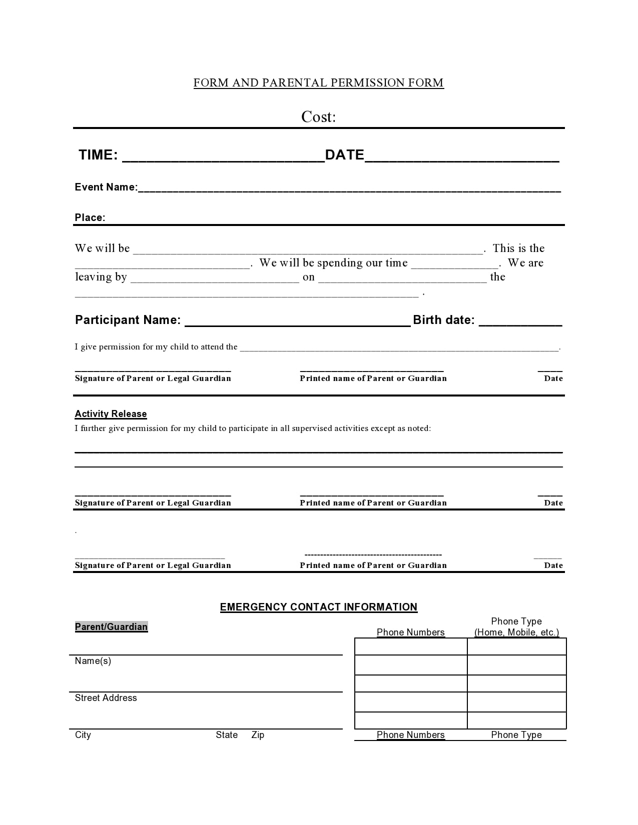 30 Permission Slip Templates Field Trip Scouts Generic 