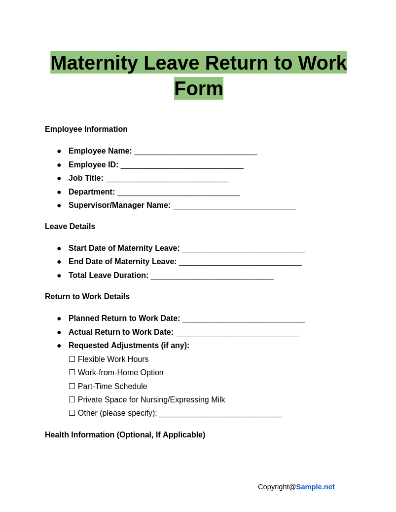 35 FREE Return To Work Samples To Download