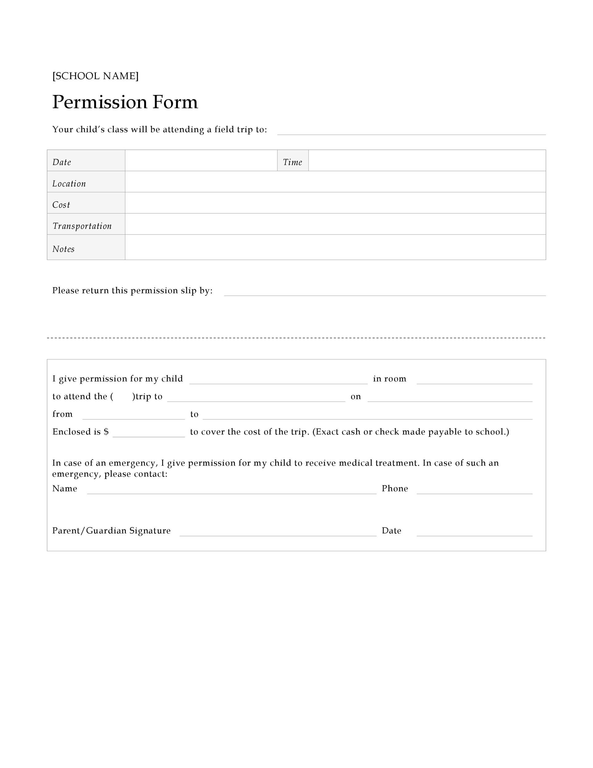 School Club Permission Slip Template