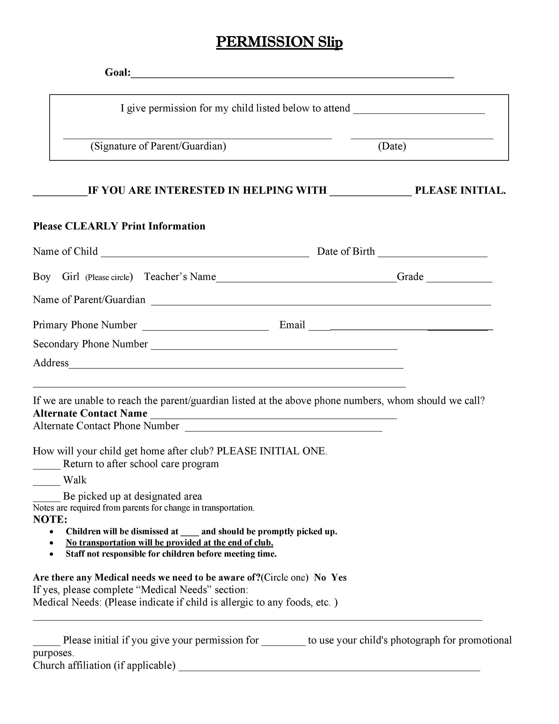 35 Permission Slip Templates U0026 Field Trip Forms