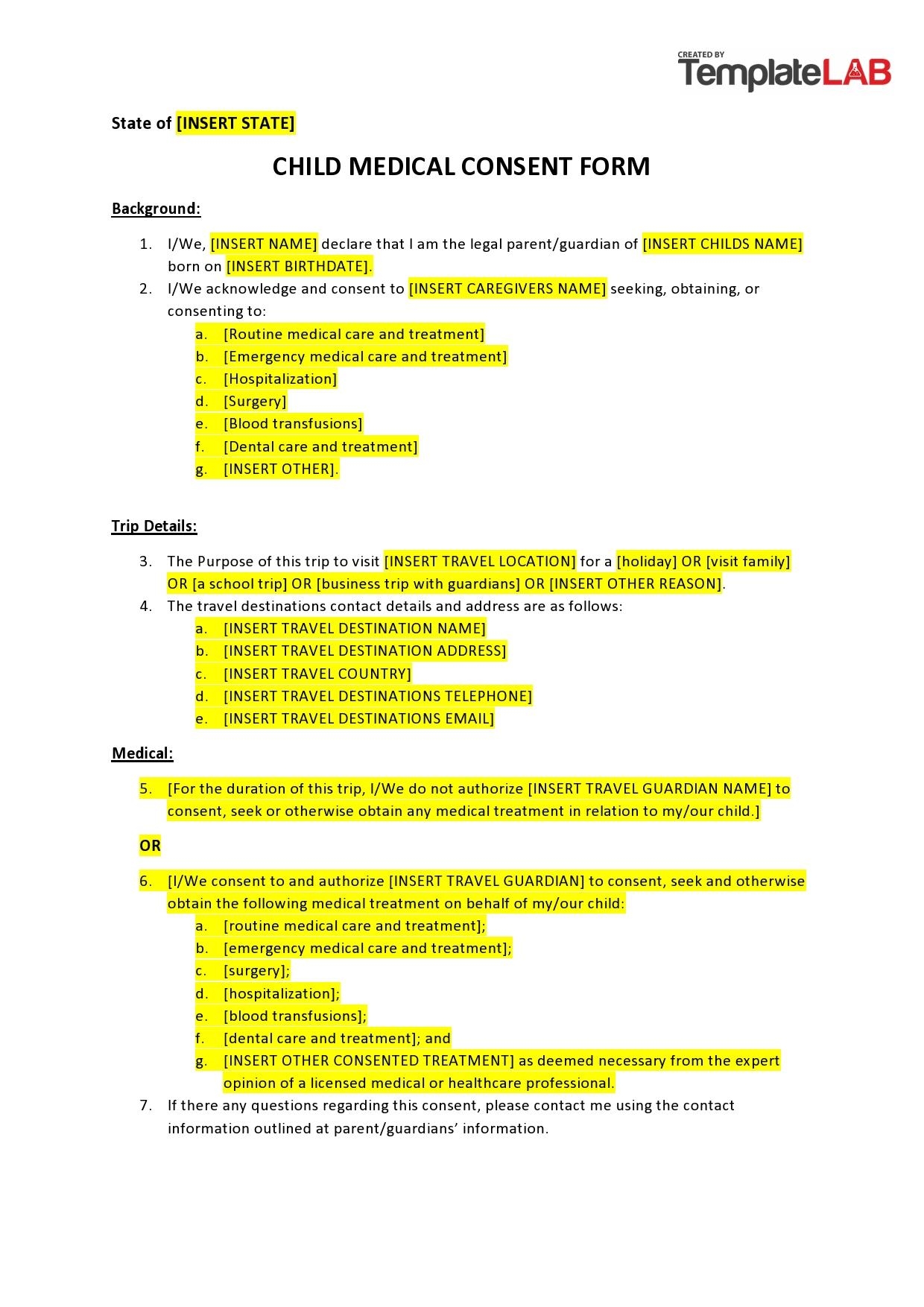 Child Care Permission Slip Template