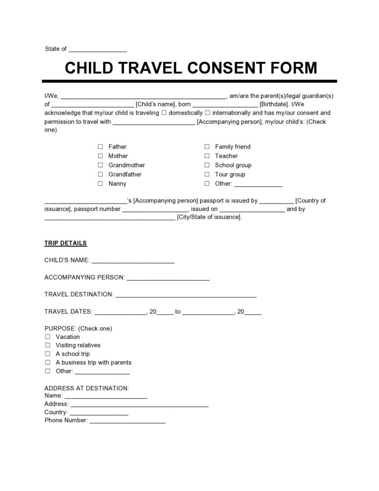 45 Printable Child Travel Consent Forms Word U0026 PDF 