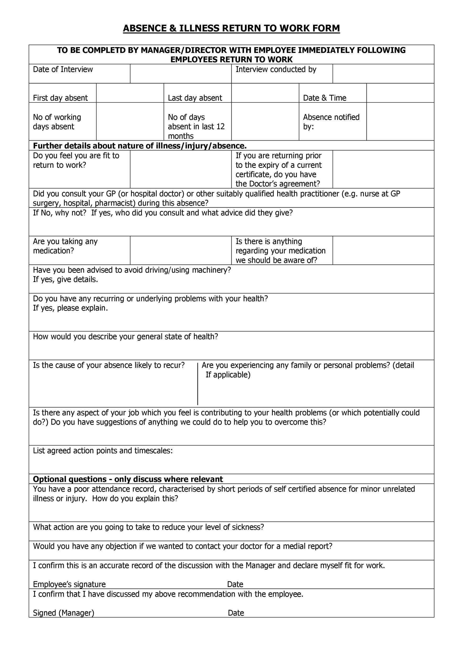 49 Best Return To Work u0026 Work Release Forms TemplateLab
