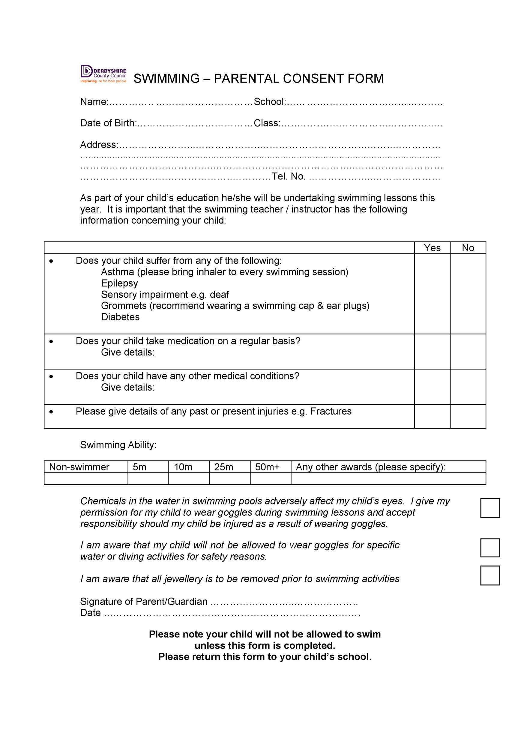 Swimming Permission Slip Template