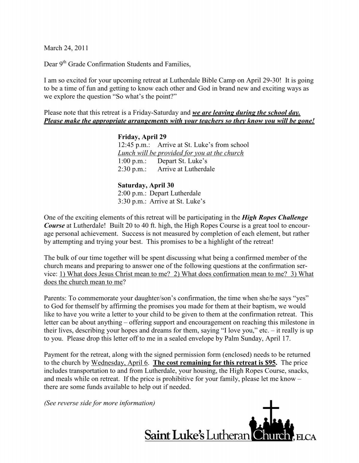 9th Grade Retreat Letter U0026 Permission Form St Luke s Lutheran 