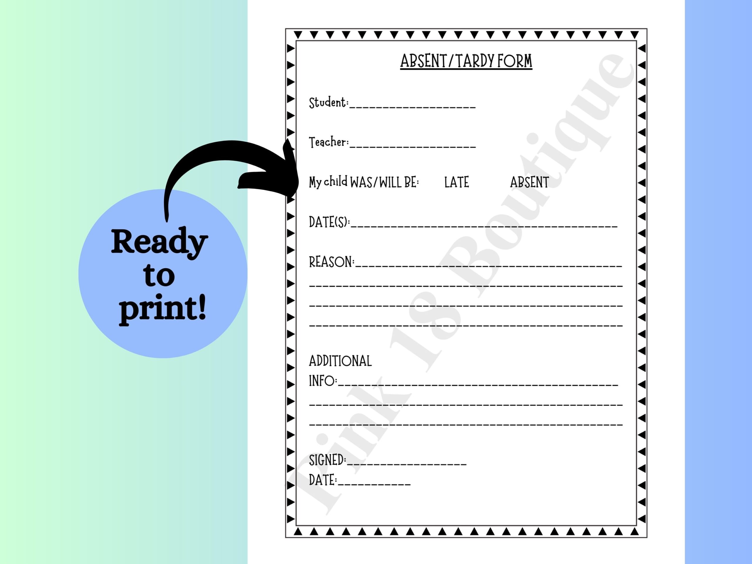 Absent Form Tardy Form For Students Ready For Parents To Print And Fill Out By Hand Etsy