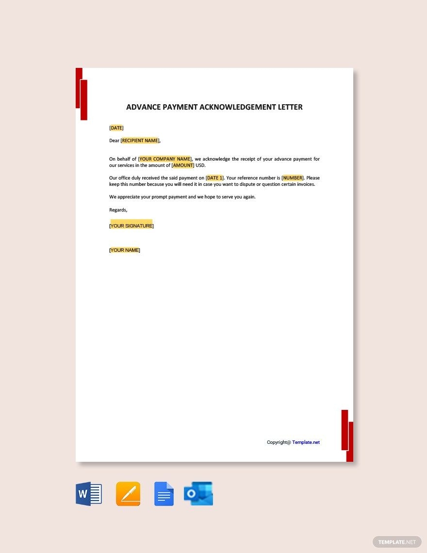 Advance Payment Acknowledgment Letter In Google Docs Word Pages Outlook PDF Download Template