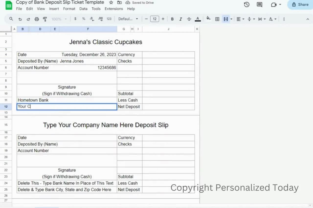 Bank Deposit Tickets Template Text Editable Template For Google Sheets Automated Totals Calculations Customizable Deposit Slip Forms