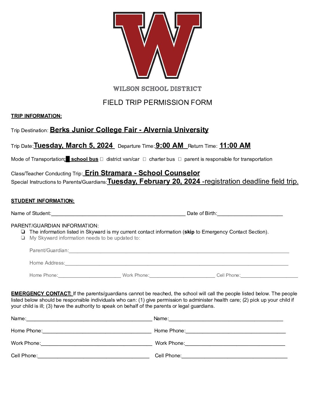 High School Permission Slip Template