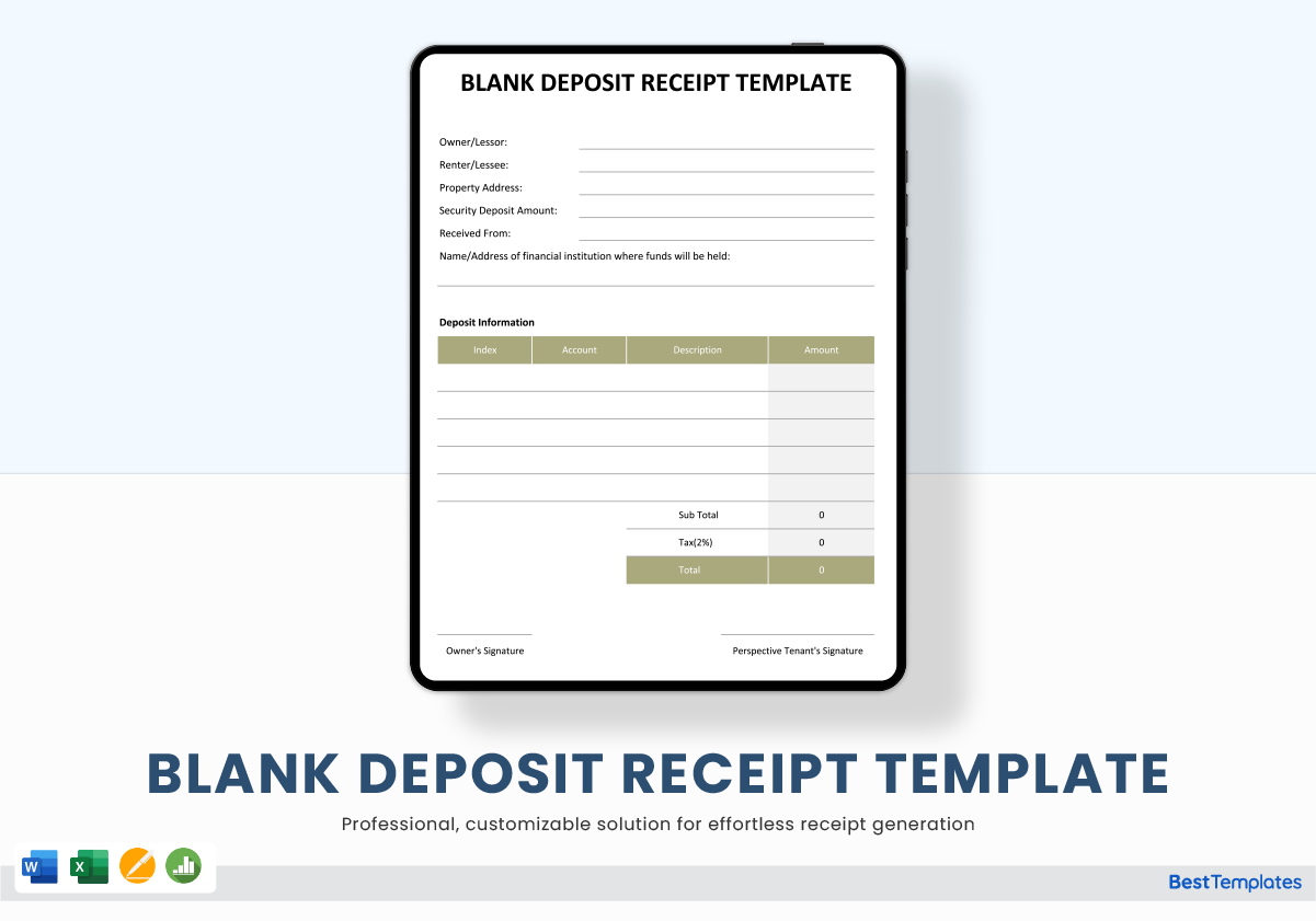 Blank Deposit Receipt Template In Word Excel Apple Pages Numbers