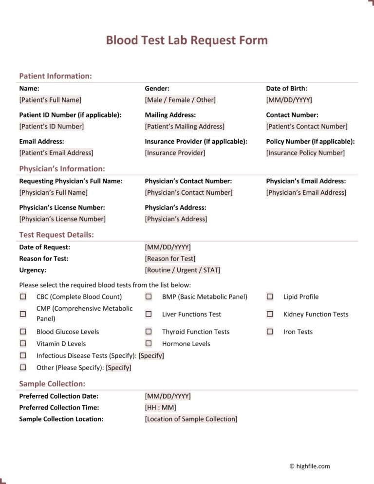 Blood Test Lab Request Form Word PDF Google Docs Highfile