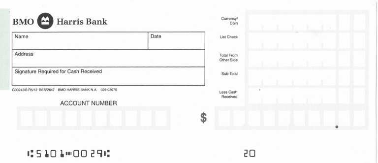 BMO Harris Bank Deposit Slip Free Printable Template 