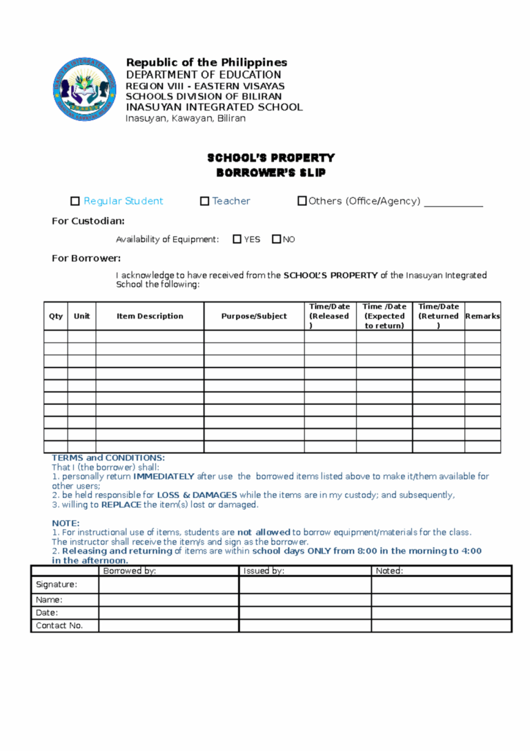 Borrower s Slip Template Republic Of The Philippines DEPARTMENT OF EDUCATION REGION VIII EASTERN Studocu