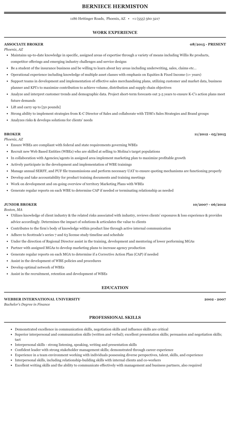 Broker Resume Sample MintResume