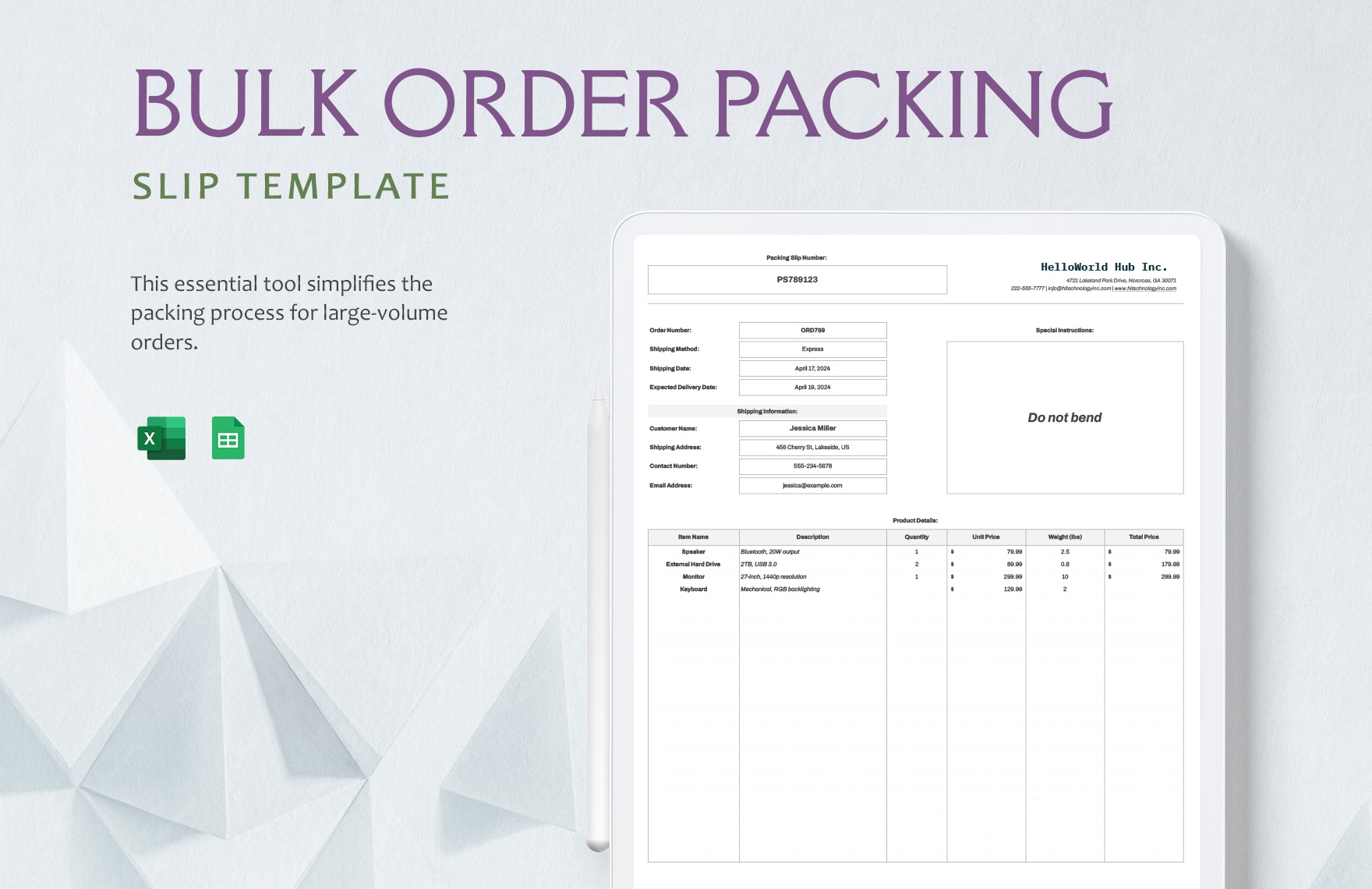 Bulk Order Packing Slip Template In Excel Google Sheets Download Template
