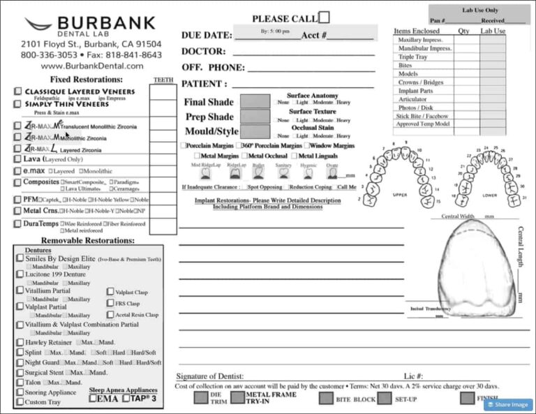 Burbank Dental Lab Prescription Form Burbank Dental Lab