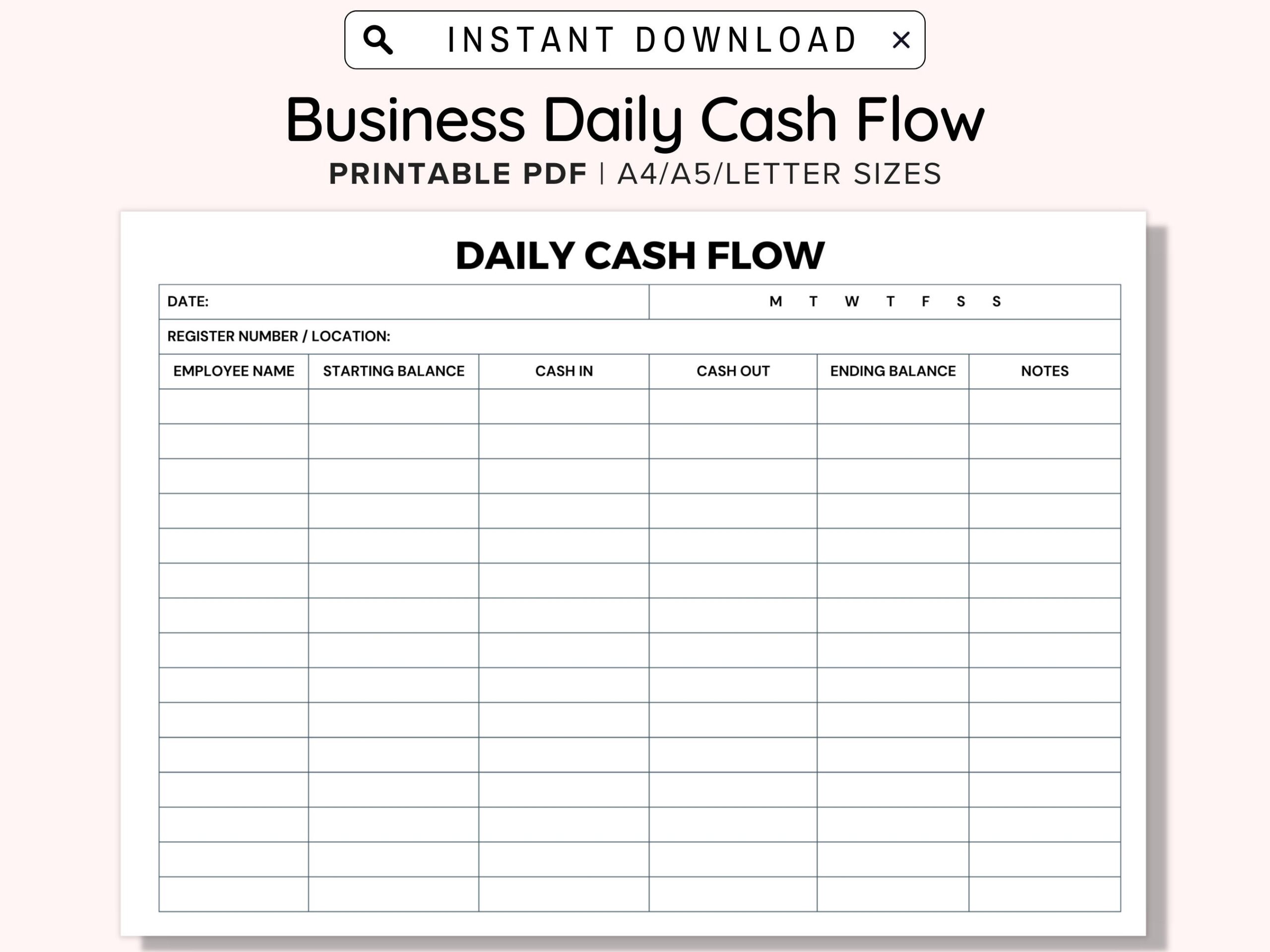 Business Daily Cash Flow Printable Statement Report Register In 