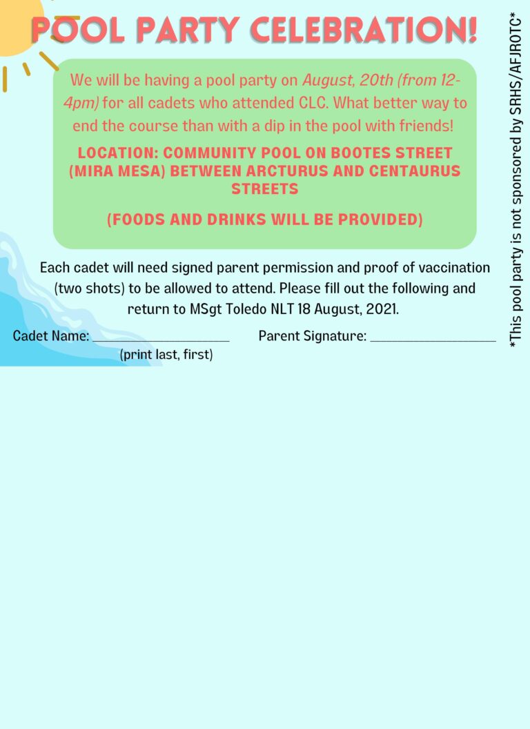 CA 935th Scripps Ranch HS AFJROTC Pool Party Permission Slip
