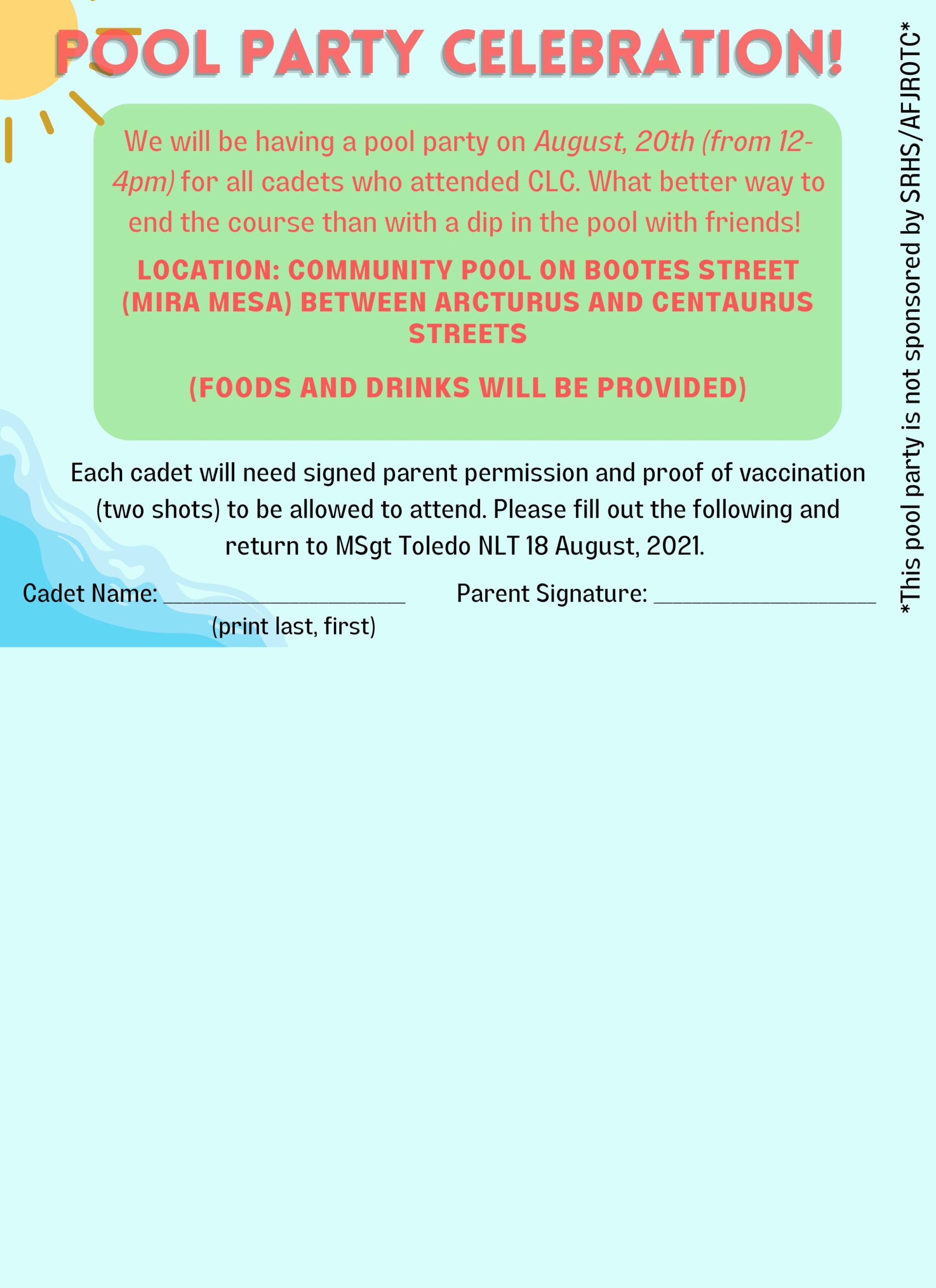 CA 935th Scripps Ranch HS AFJROTC Pool Party Permission Slip