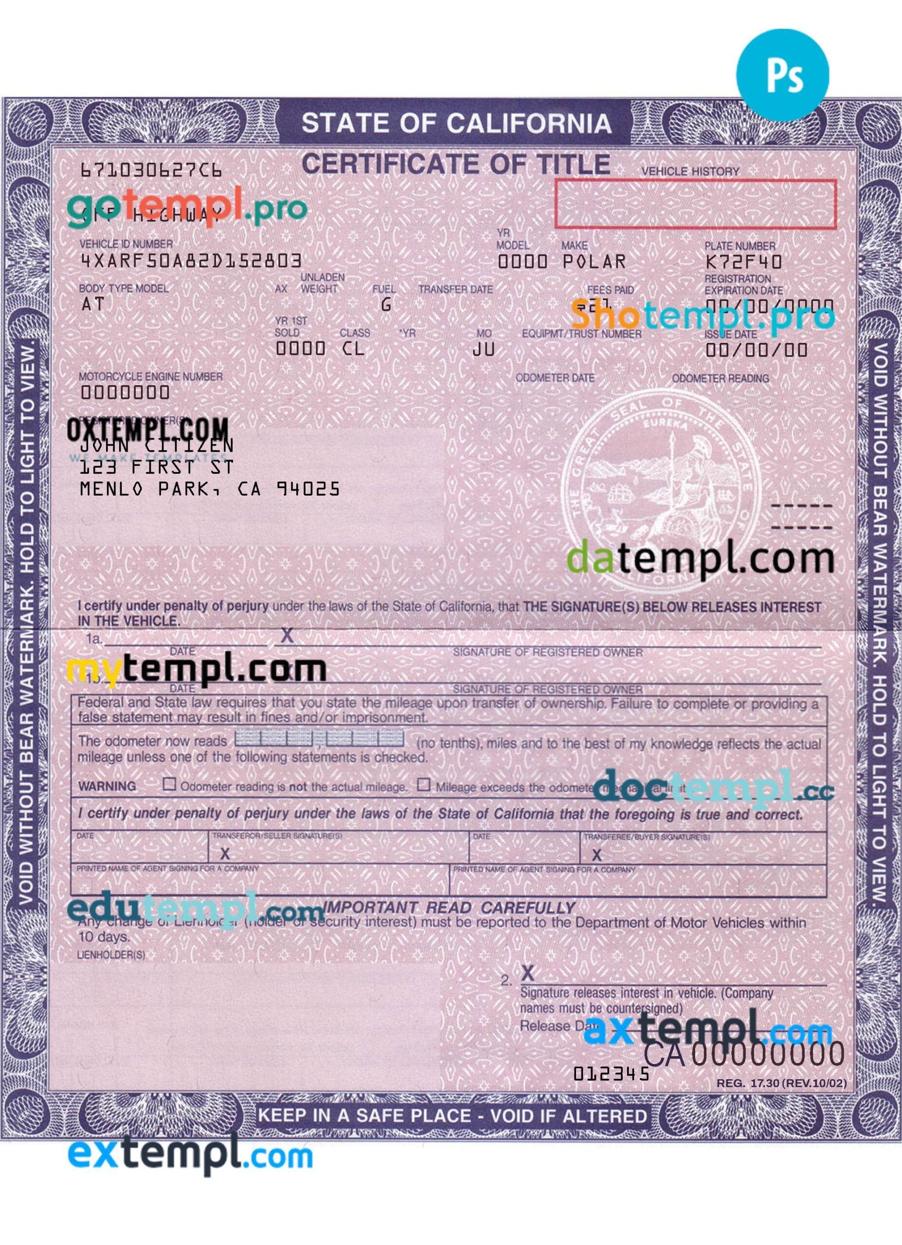 California Certificate Of Title Of A Vehicle car Title Template