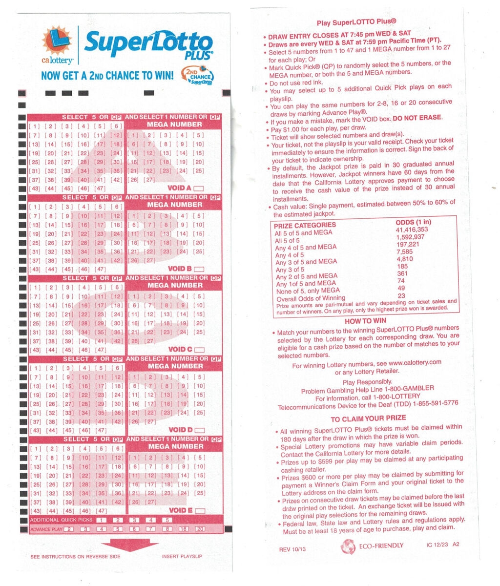 California Lottery SuperLotto Plus Unused Play Slip EBay