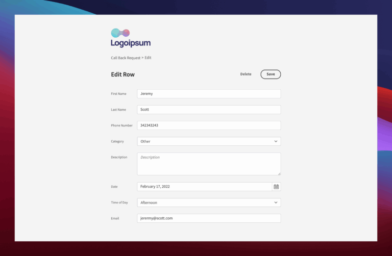 Call Back Form Template Budibase