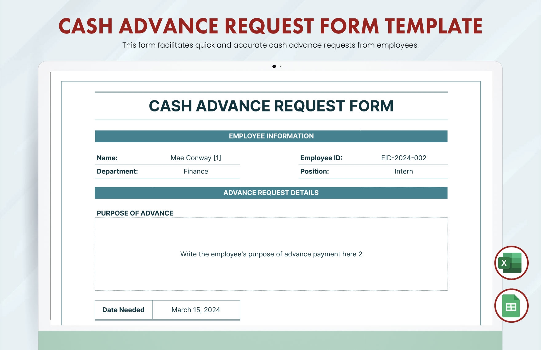 Cash Advance Request Form Template In Google Sheets Excel 