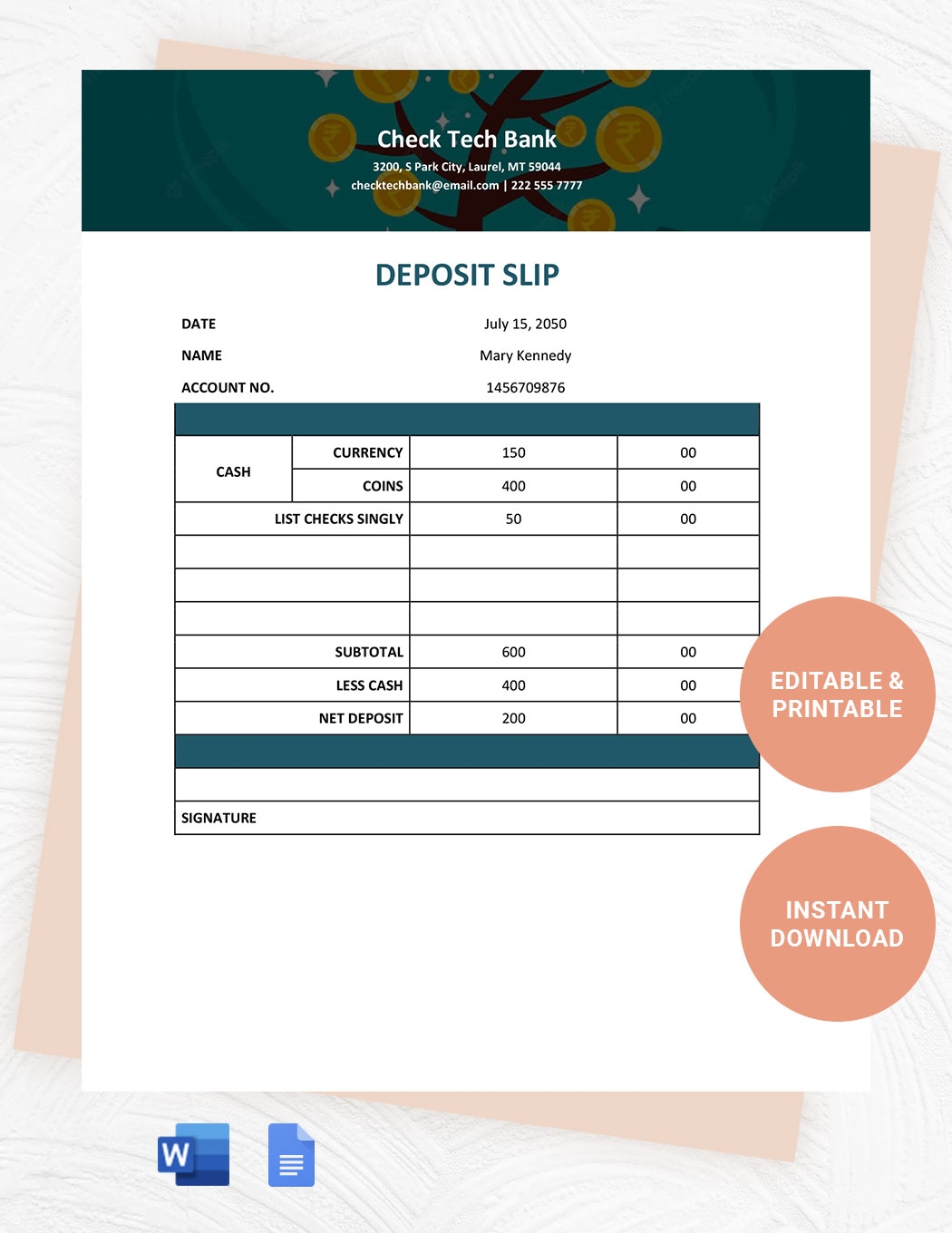 Cash Deposit Slip Template In Word Google Docs Download 