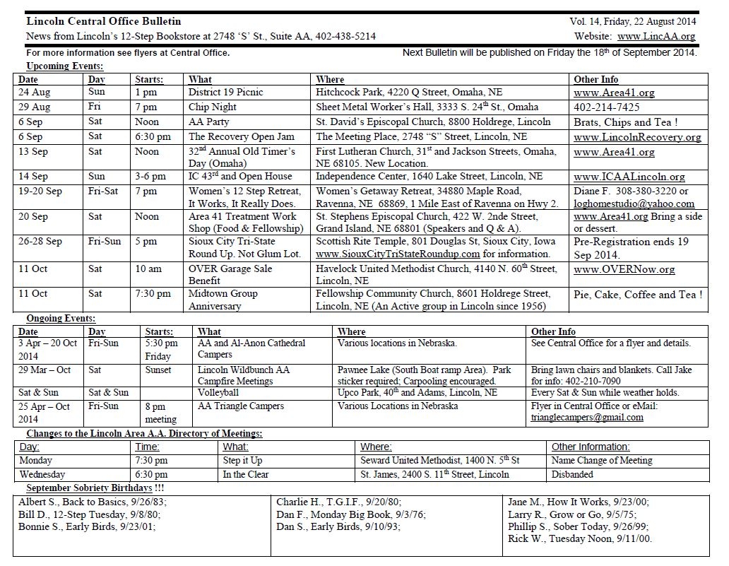 Central Office Bulletin August 2014 Lincoln Nebraska A A 