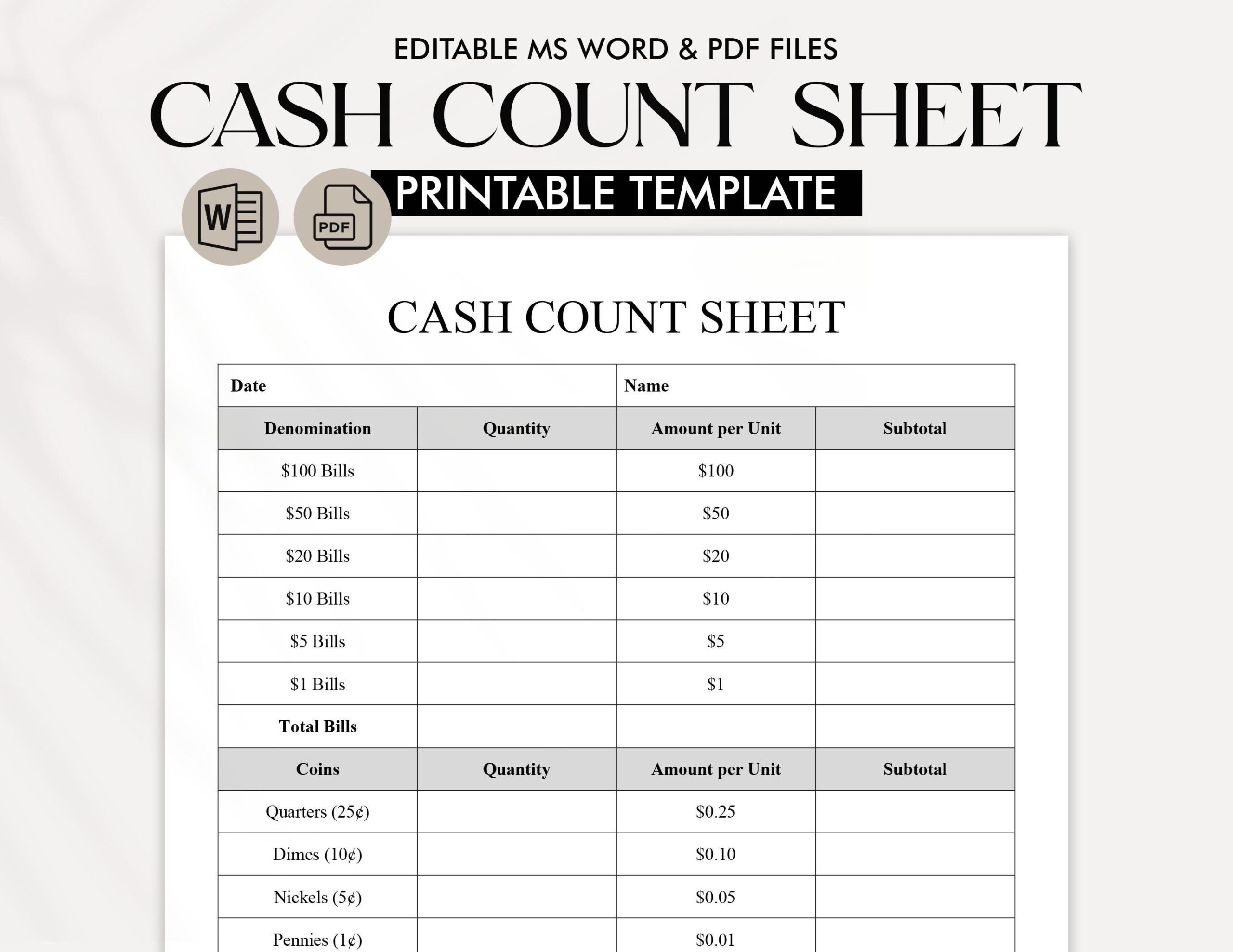 Change Counting Sheet Etsy
