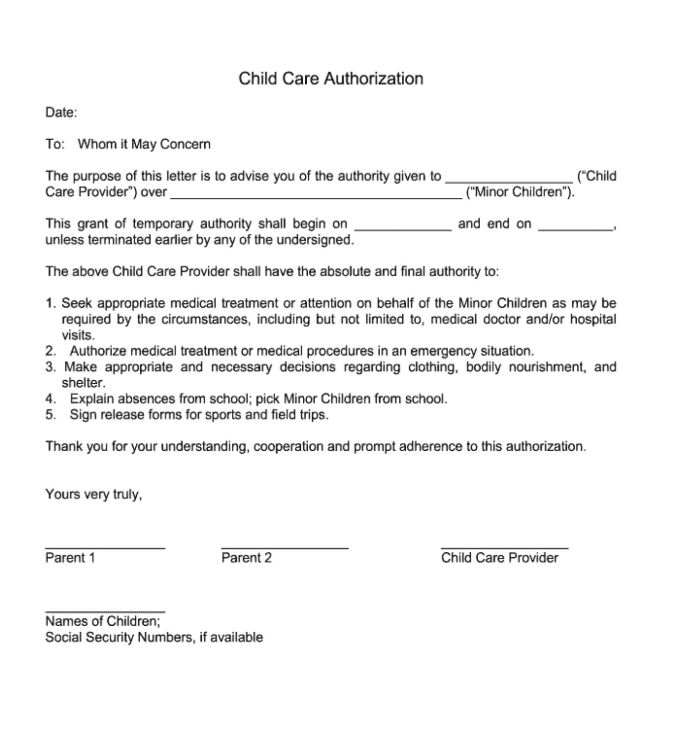 Daycare Pick Up Permission Slip Template