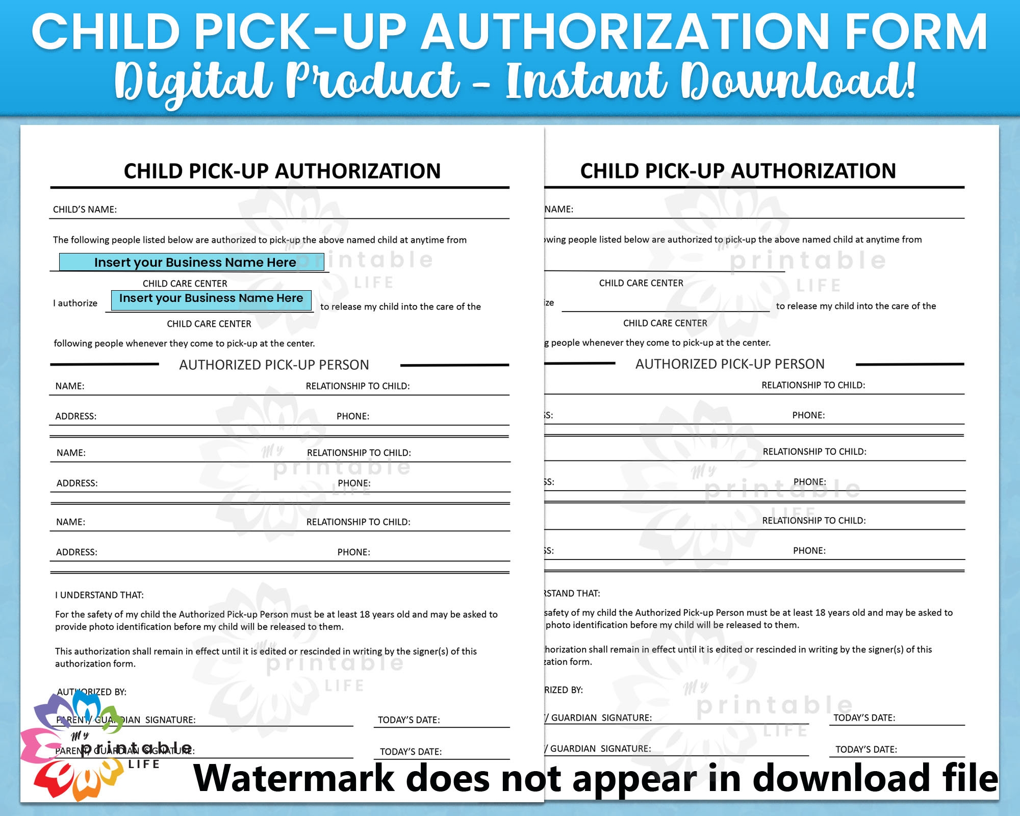 Child Pick up Authorization Form Daycare Or Child Care Printable 