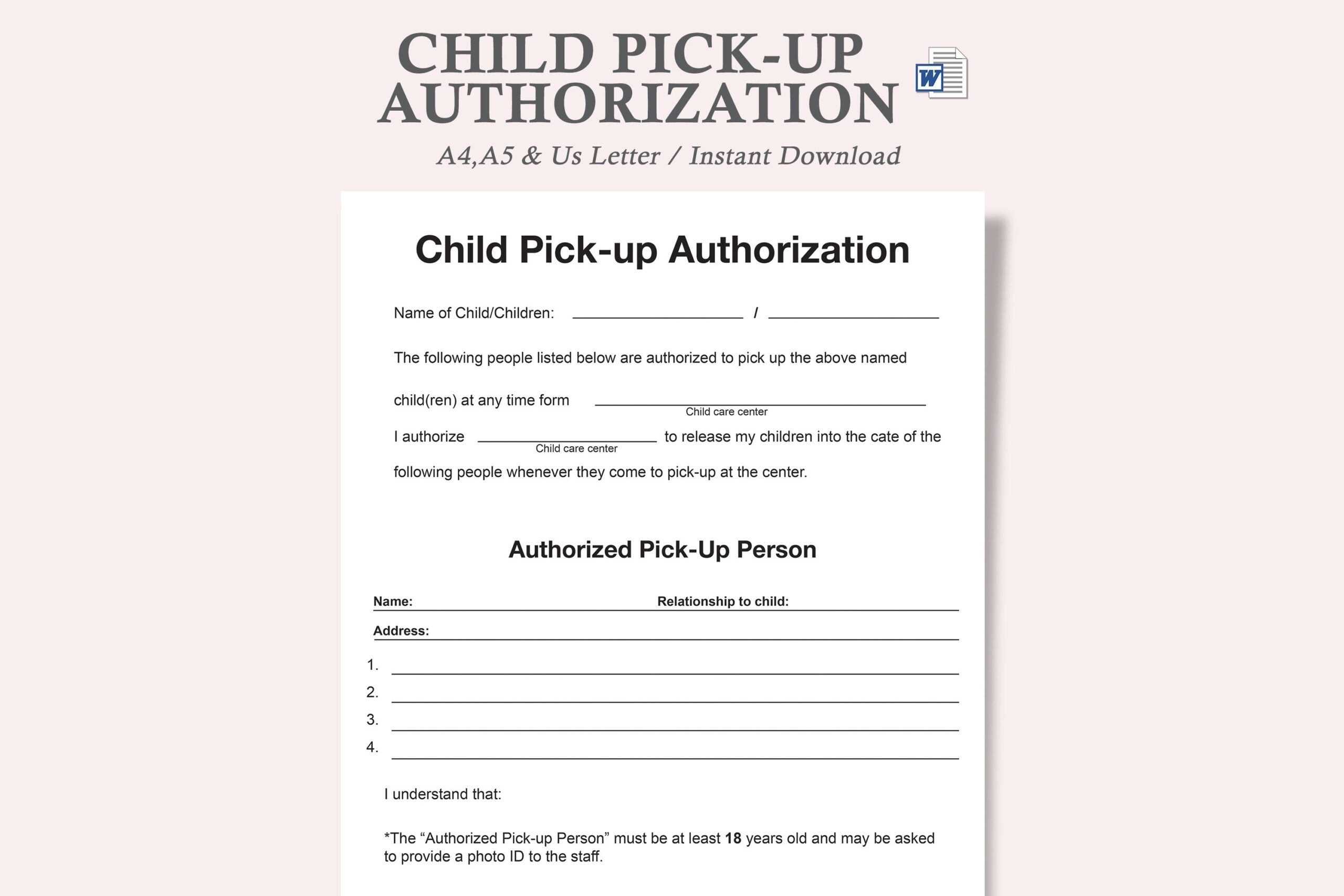 Child Pick up Authorization Form daycare Pickup Authorization Form 