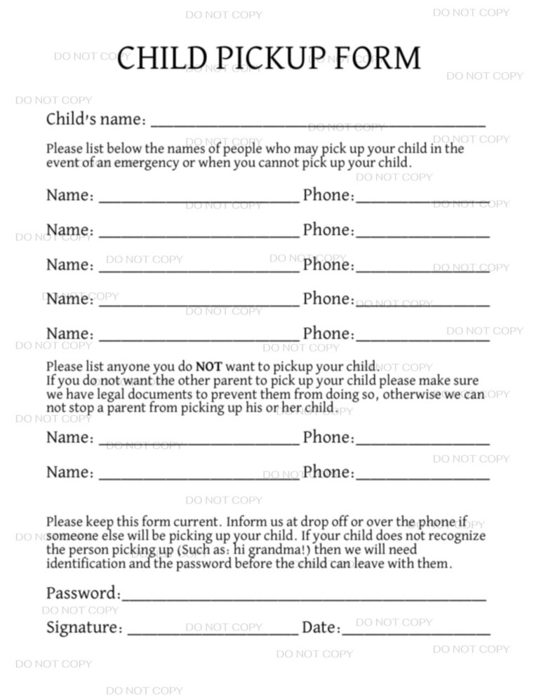 Childcare Pickup Authorization Form PDF Digital Download