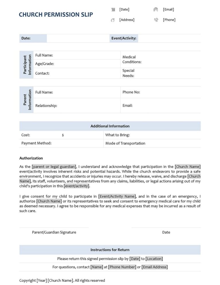 Church Permission Slip Template WordLayouts