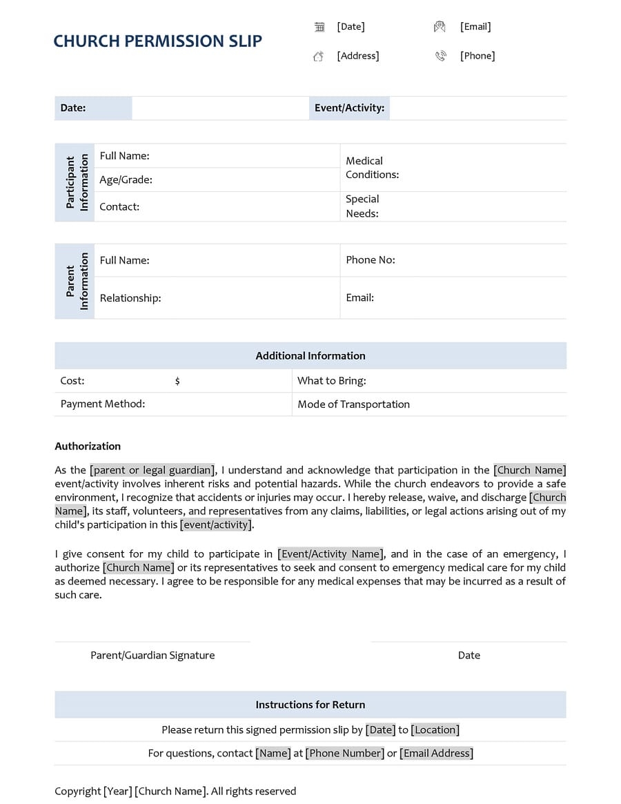 Church Permission Slip Template WordLayouts