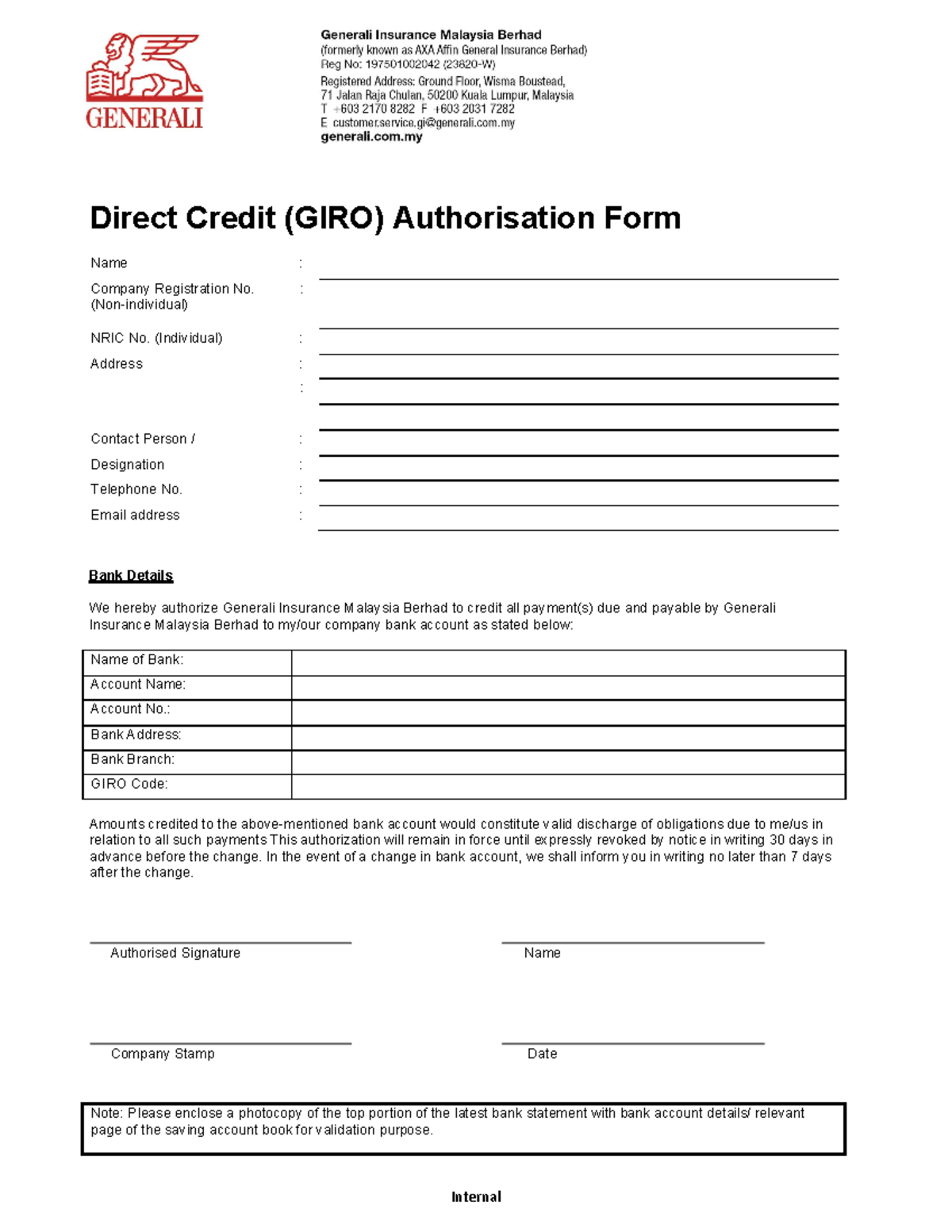 Claim GIRO Form Generali Mer Internal Direct Credit GIRO 