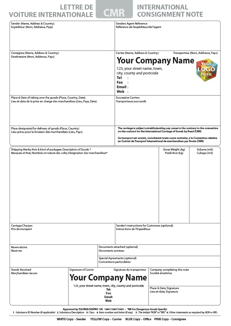 CMR DELIVERY NOTE Template For NCR Printing From 84