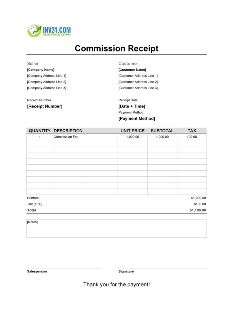 Commission Receipt Template Excel Google Sheets 