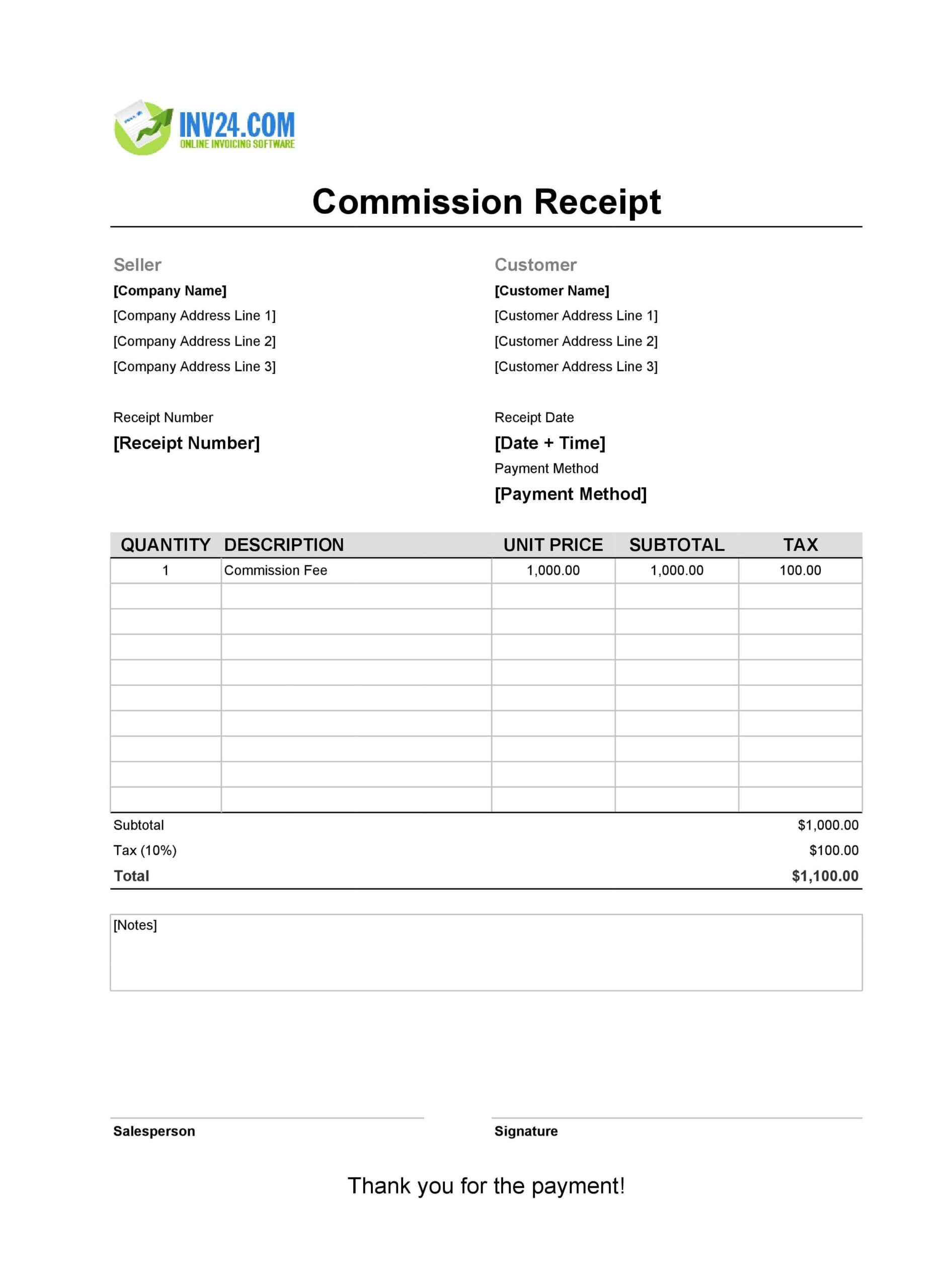 Commission Receipt Template Excel Google Sheets
